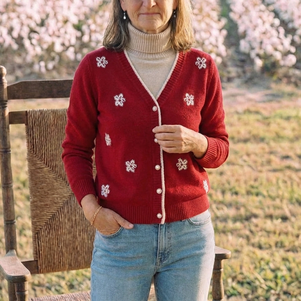Cotton V-Neck Cardigan with Embroidered Accents
