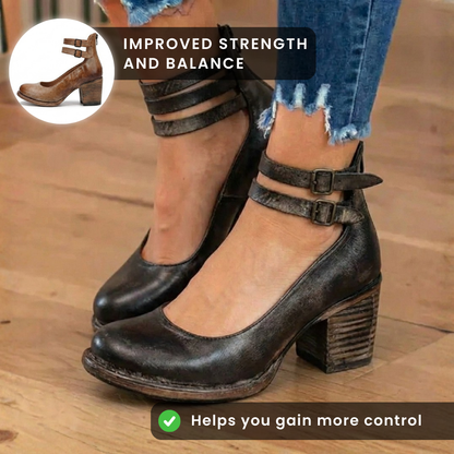 Orthopedic Leather Ankle Boots - Block Heel Double Buckle Strap