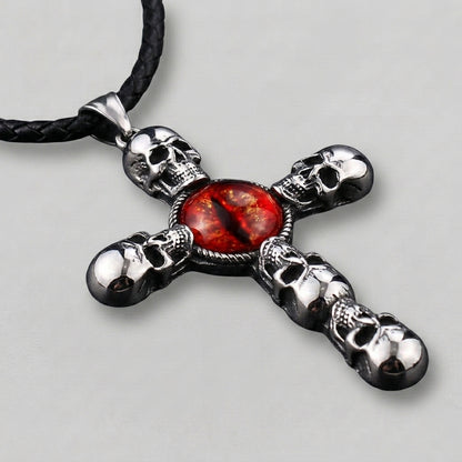 Skull Cross Necklace with Red Dragon Eye Pendant