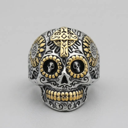 Gold Cross Skull Statement Ring
