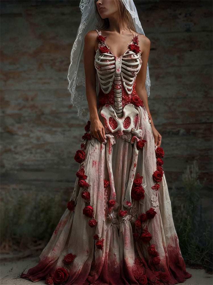 Comstylish Halloween Bloody Roses Skeleton Bridal Flowy Linen Maxi Dress