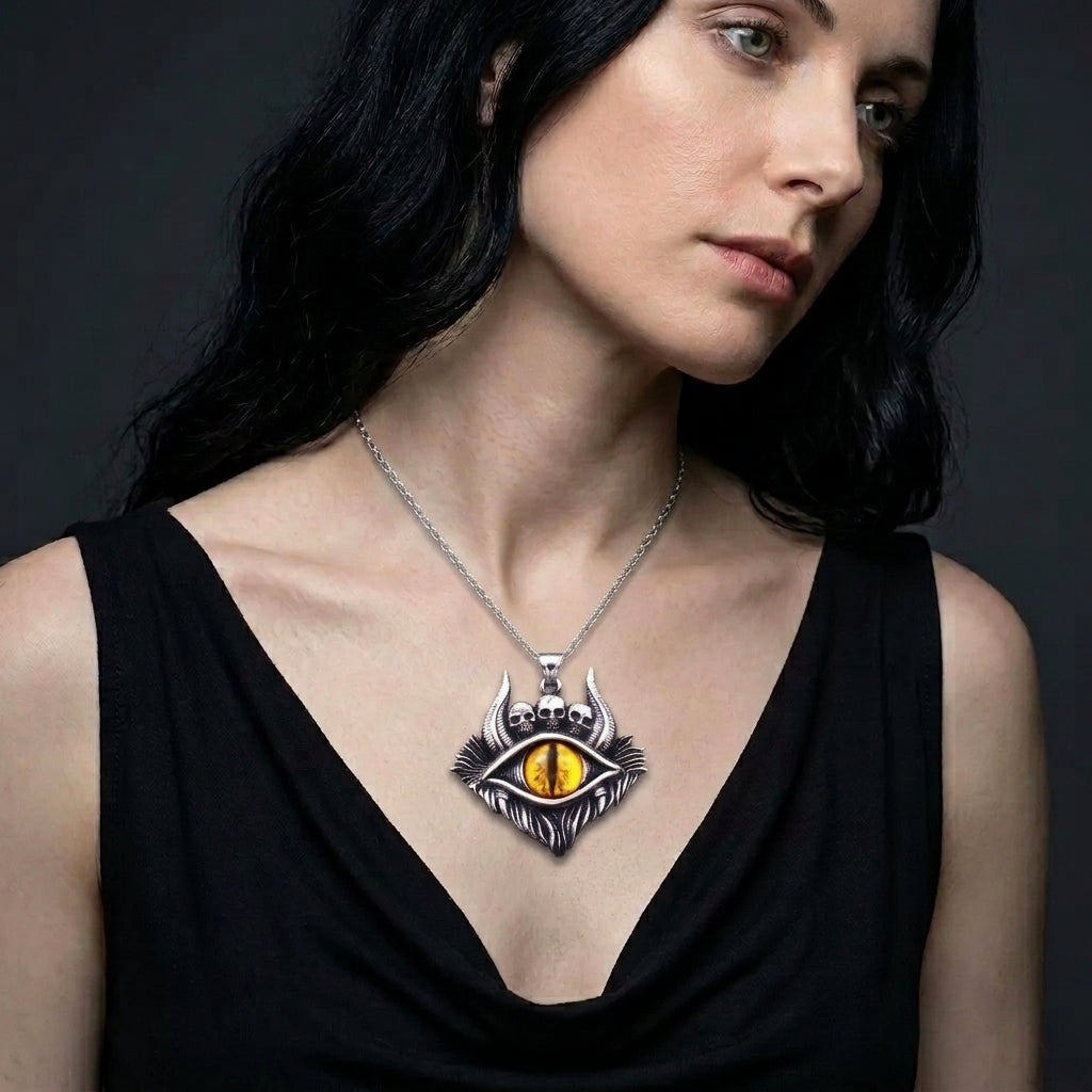 Dragon Eye Pendant with Skulls – Yellow Gemstone Necklace