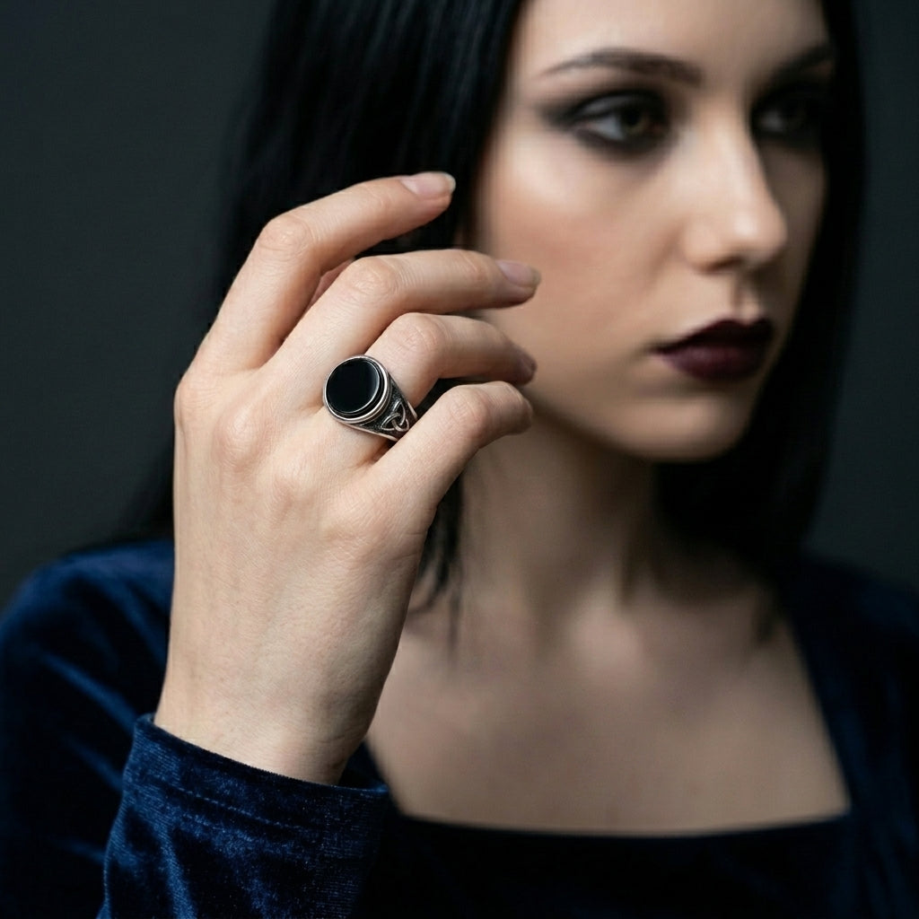 Black Onyx Celtic Triquetra Oval Ring