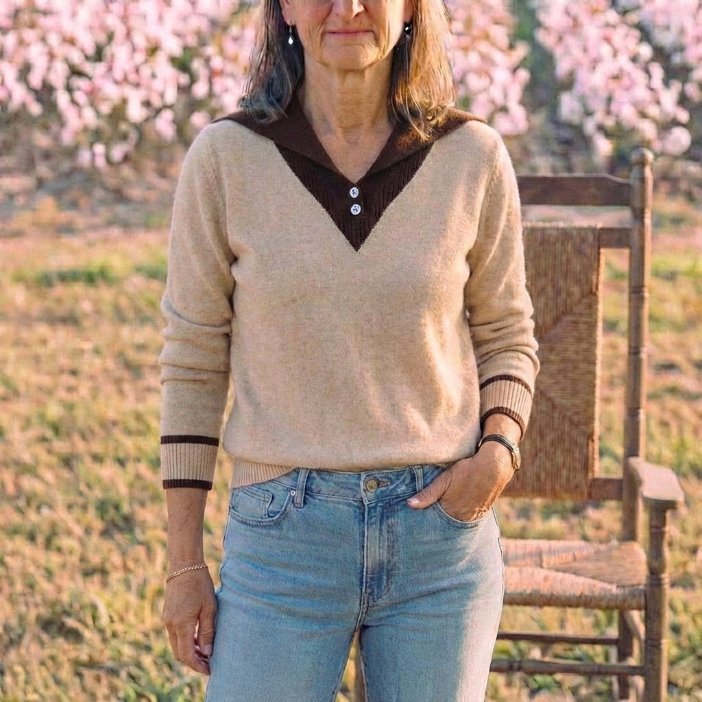 Cotton V-Neck Sweater with Contrast Collar