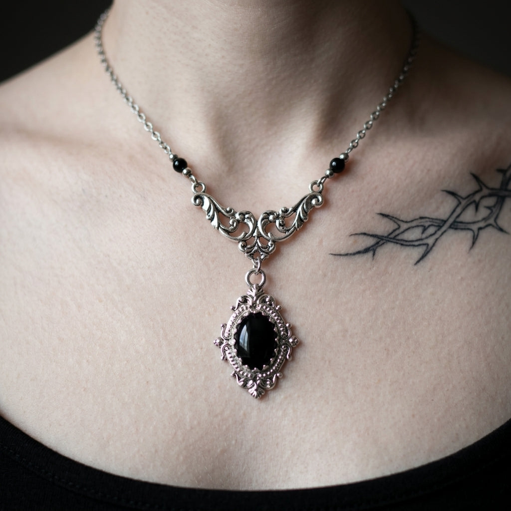 Gothic Ornate Onyx Pendant Necklace