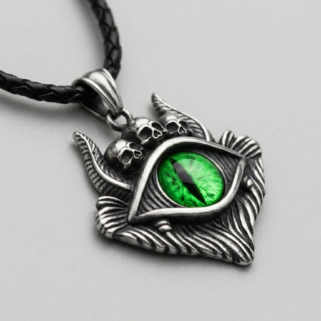 Dragon Eye Pendant with Skulls – Green Gemstone Necklace