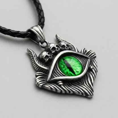 Dragon Eye Pendant with Skulls – Green Gemstone Necklace