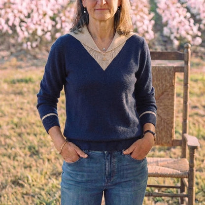 Cotton V-Neck Sweater with Contrast Collar