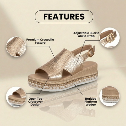 Orthopedic Metallic Croc Platform Sandals - Espadrille Wedge & Studded Trim