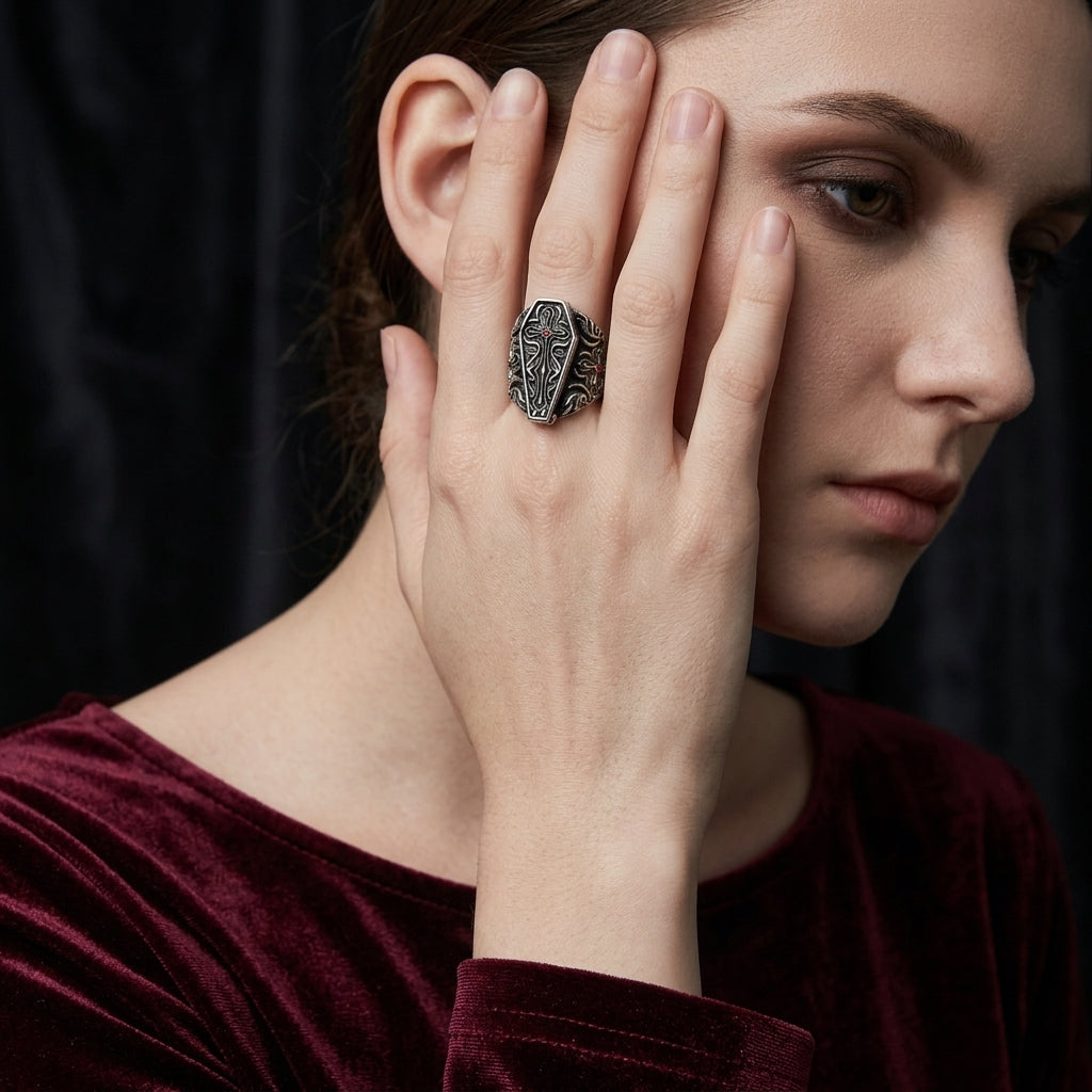 Crimson Cross Coffin Ring