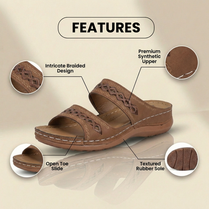 Orthopedic Leather Braided Slide Sandals - Triple Strap Woven Detail