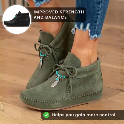 Orthopedic Leather Moccasin Boots - Feather Charm Lace-Up