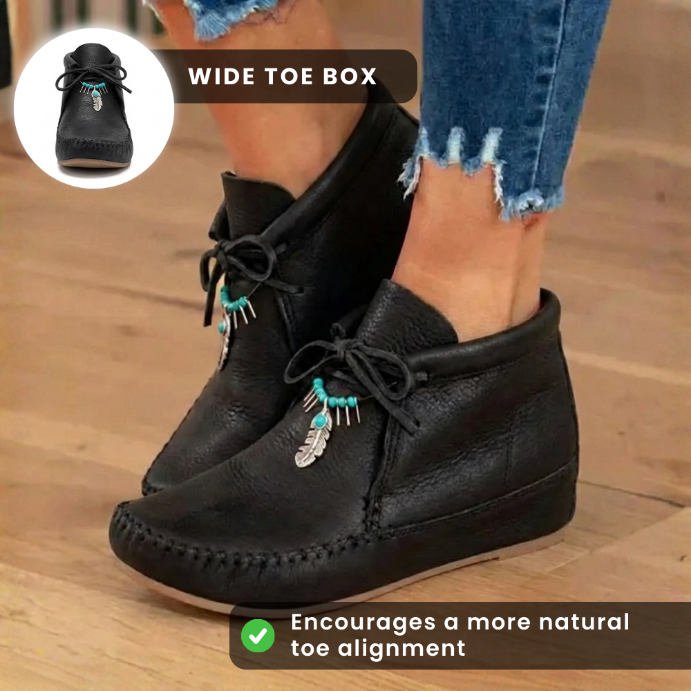 Orthopedic Leather Moccasin Boots - Feather Charm Lace-Up