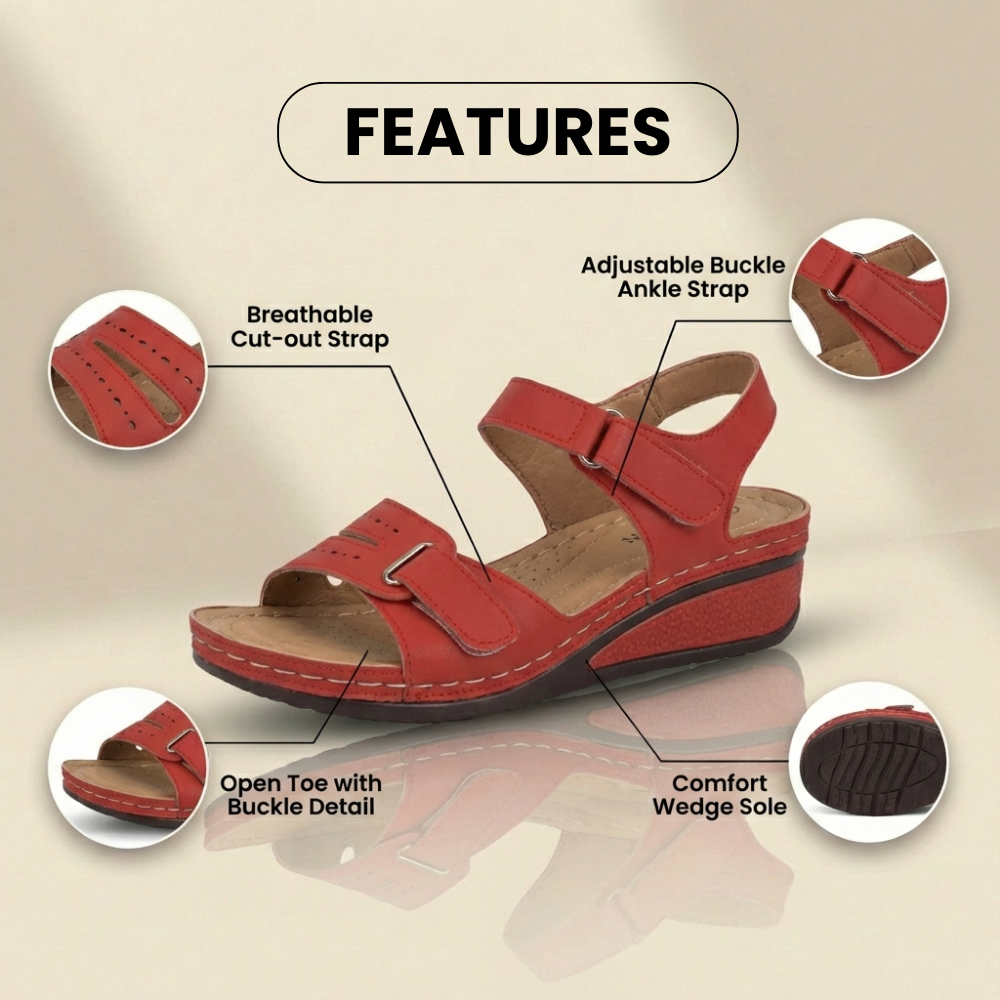 Orthopedic Leather Wedge Sandals - Perforated Detail & Velcro Straps