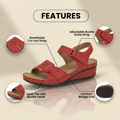 Orthopedic Leather Wedge Sandals - Perforated Detail & Velcro Straps