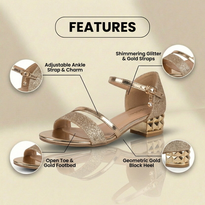 Orthopedic Glitter Ankle Strap Sandals - Metallic Accent & Studded Low Heel