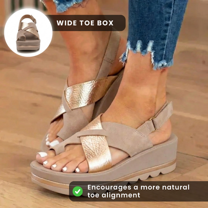 Orthopedic Platform Wedge Sandals - Metallic & Suede