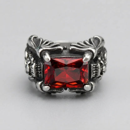 Red Cushion Crystal Skull Claw Statement Ring