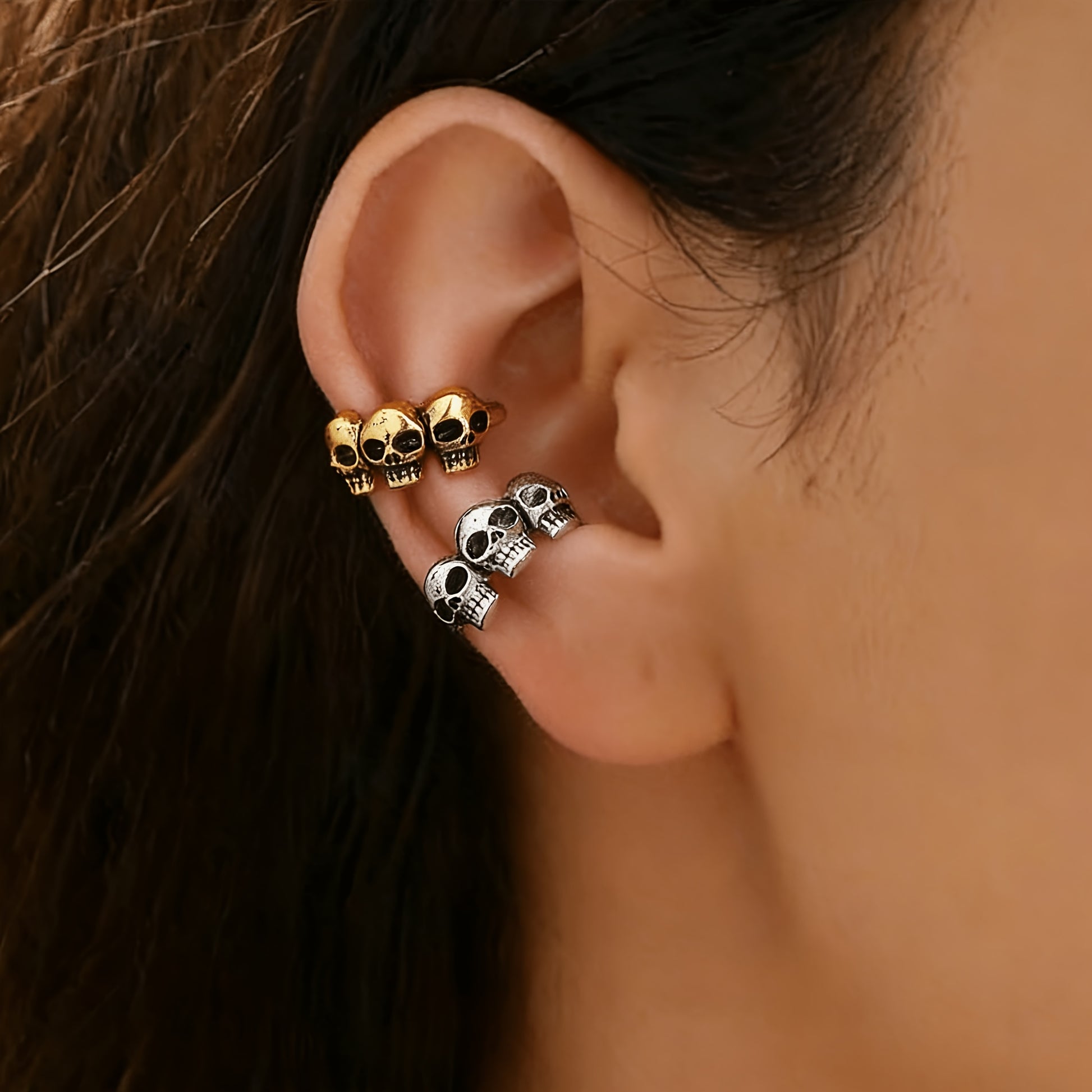 A Single Vintage Skull Ear Without Ear Piercings Featuring a Cool