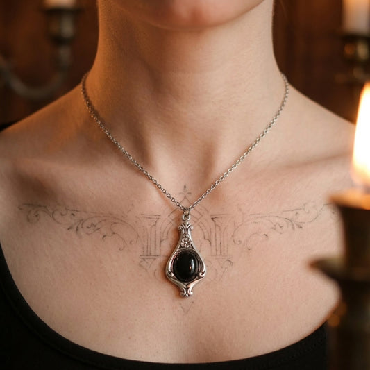 Black Onyx Stone Victorian Pendant Necklace