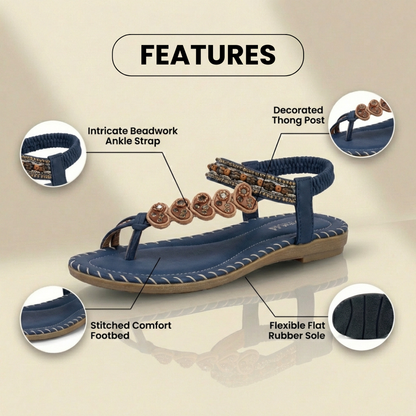 Orthopedic Leather Beaded Toe-Ring Sandals - Floral Embellishment & Hand-Stitched Detail
