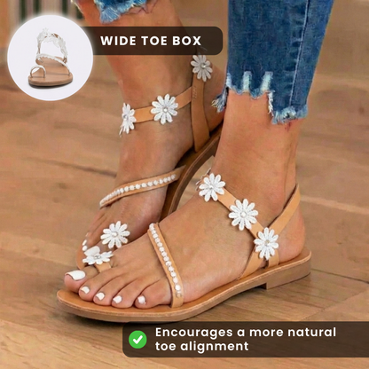 Orthopedic Leather Toe-Ring Sandals - Lace Appliqué Detail