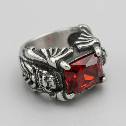Red Cushion Crystal Skull Claw Statement Ring