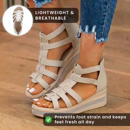 Orthopedic Leather Gladiator Platform Sandals - Crystal Rhinestone Trim