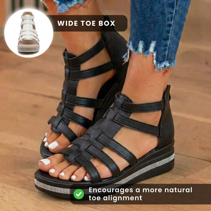 Orthopedic Leather Gladiator Platform Sandals - Crystal Rhinestone Trim