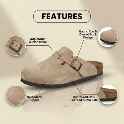 Orthopedic Suede Cork Footbed Clogs - Single Buckle Detail