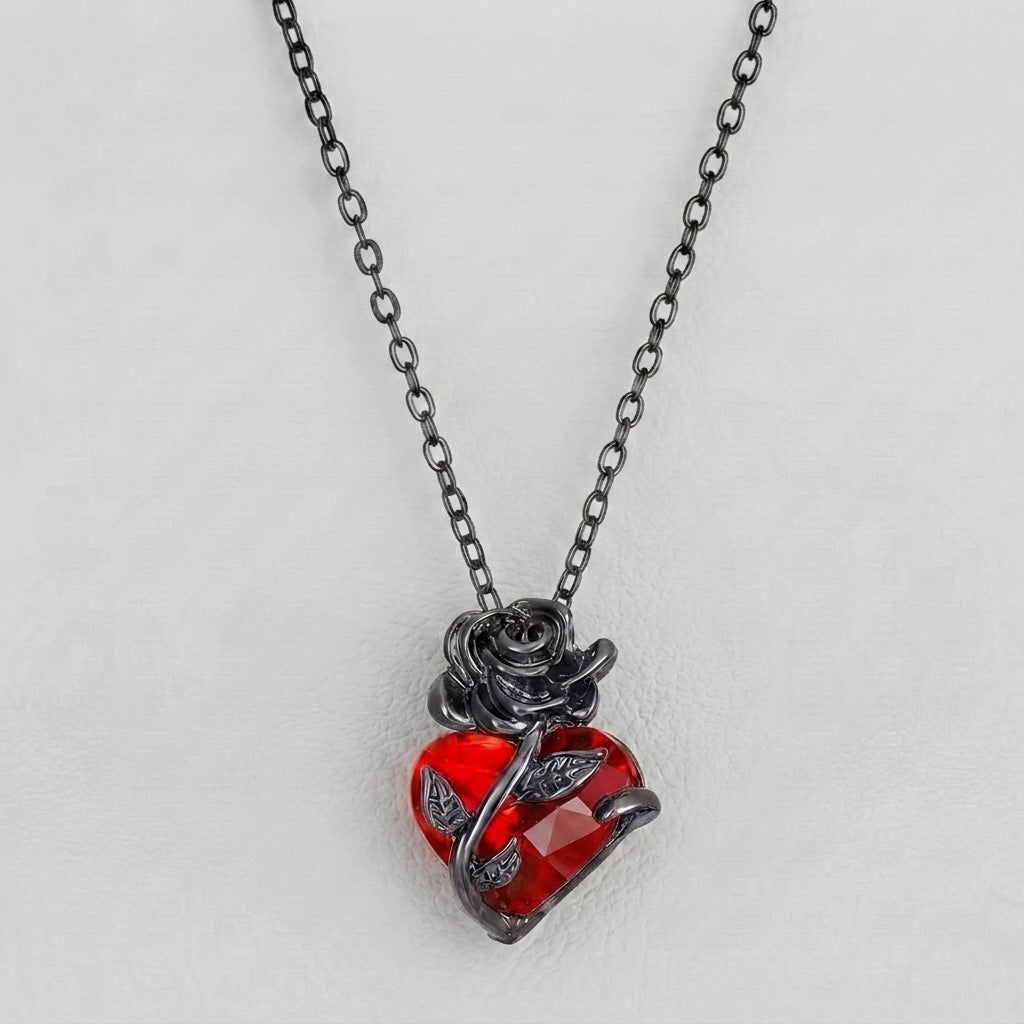 Black Rose Red Heart Necklace