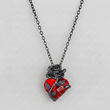 Black Rose Red Heart Necklace