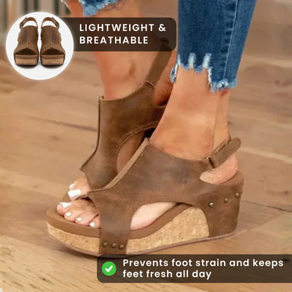 Orthopedic Leather Studded Platform Wedges - Cork & Cutout Design