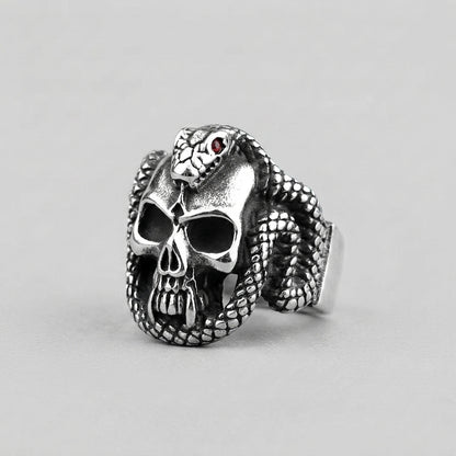 Snake and Skull Ring with Red Crystal Eyes