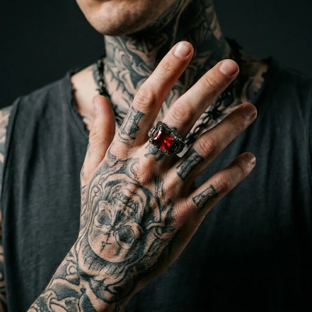 Red Cushion Crystal Skull Claw Statement Ring