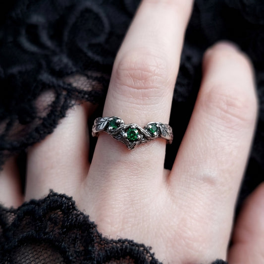Forest Silver Vine Ring with Green Gemstones