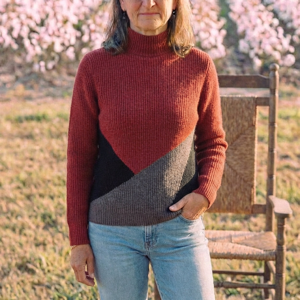 Cotton Turtleneck Sweater with Color-Block Stripes