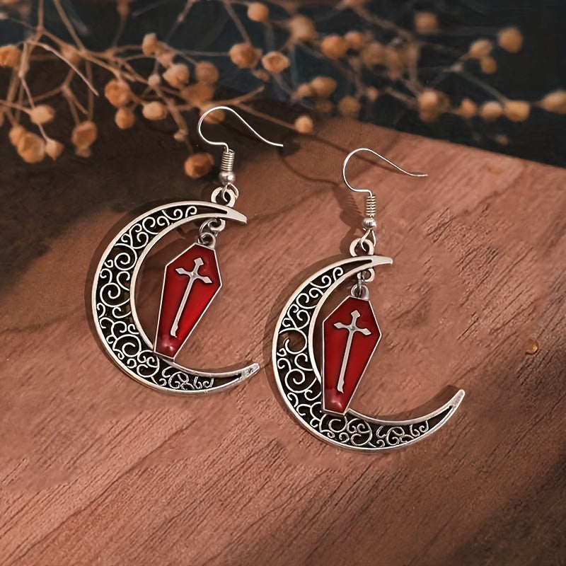 Carved Moon Coffin Cross Earrings