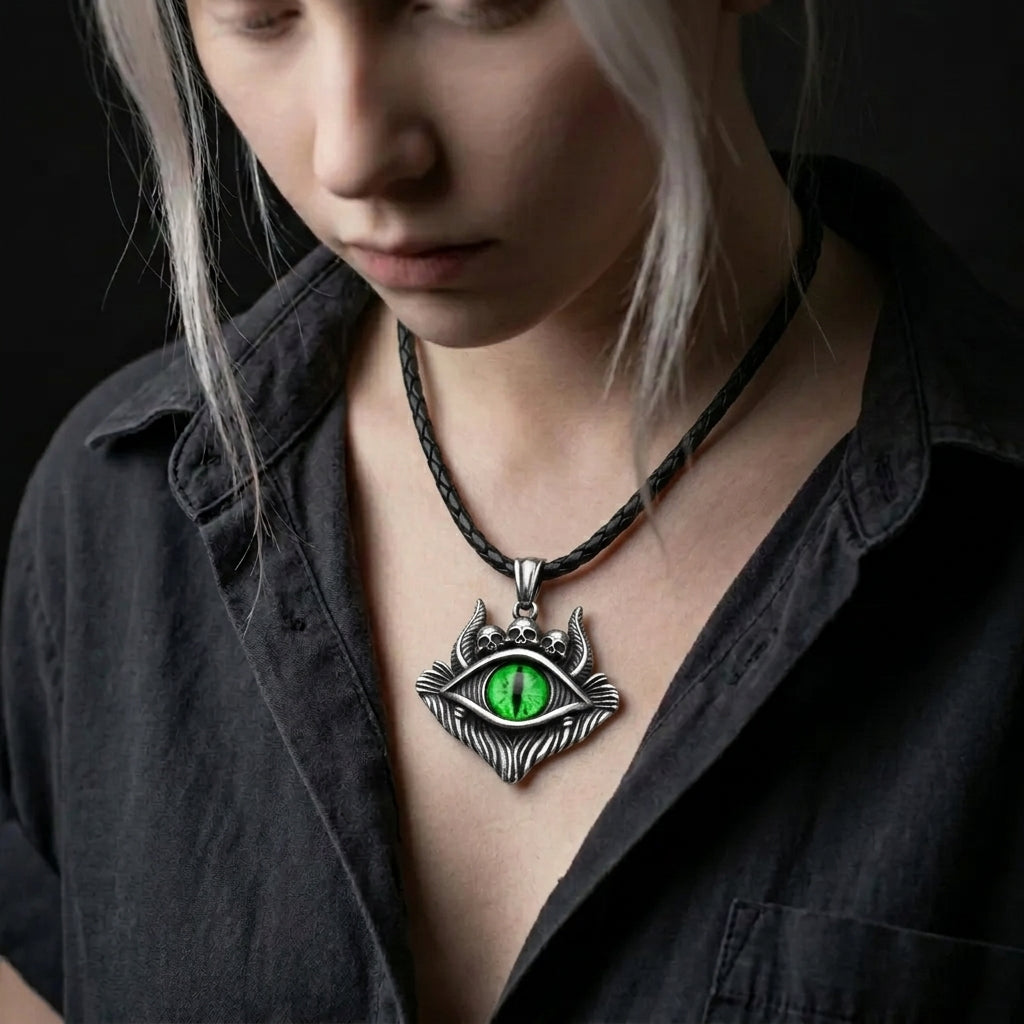 Dragon Eye Pendant with Skulls – Green Gemstone Necklace