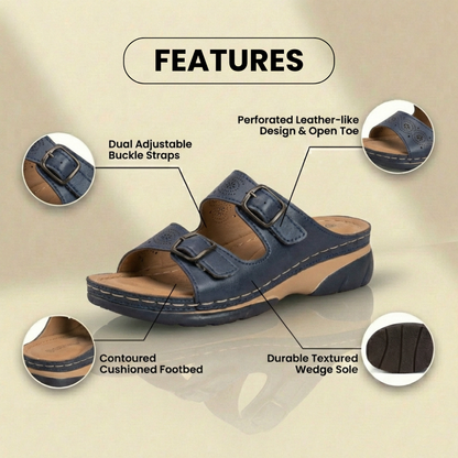Orthopedic Leather Platform Slide Sandals - Double Buckle Perforated Design
