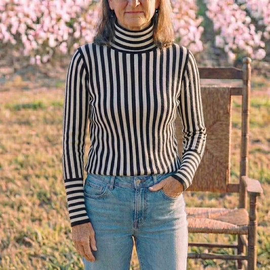 Cotton Turtleneck with Vertical Stripes Black-White