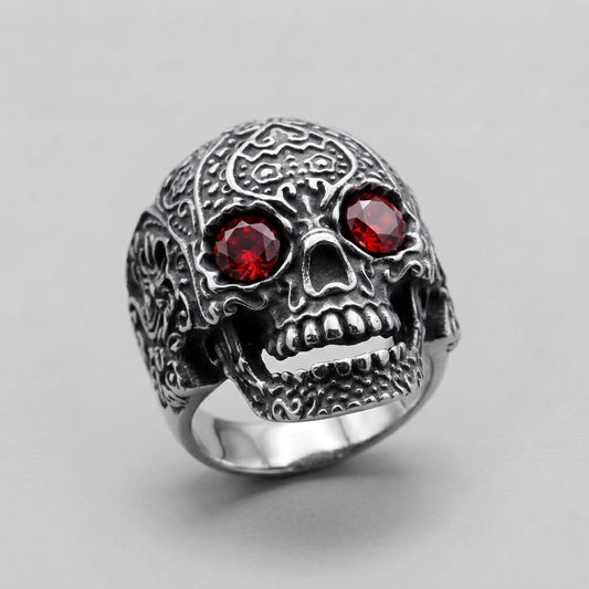 Skull Ring with Red Crystal Eyes