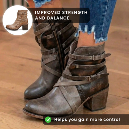 Orthopedic Leather Multi-Strap Ankle Boots - Side Zip Buckle