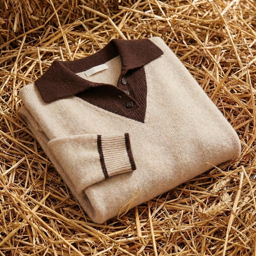 Cotton V-Neck Sweater with Contrast Collar