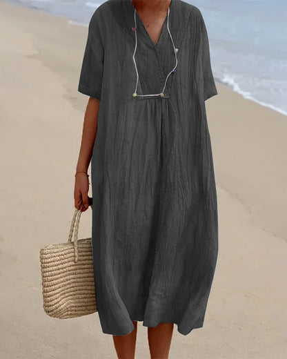 Linen V Neck Midi Dress