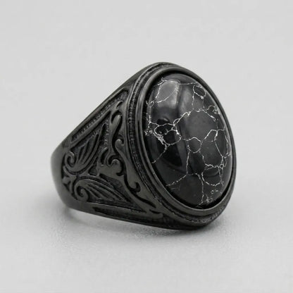 Black Marble Oval Cabochon Signet Ring