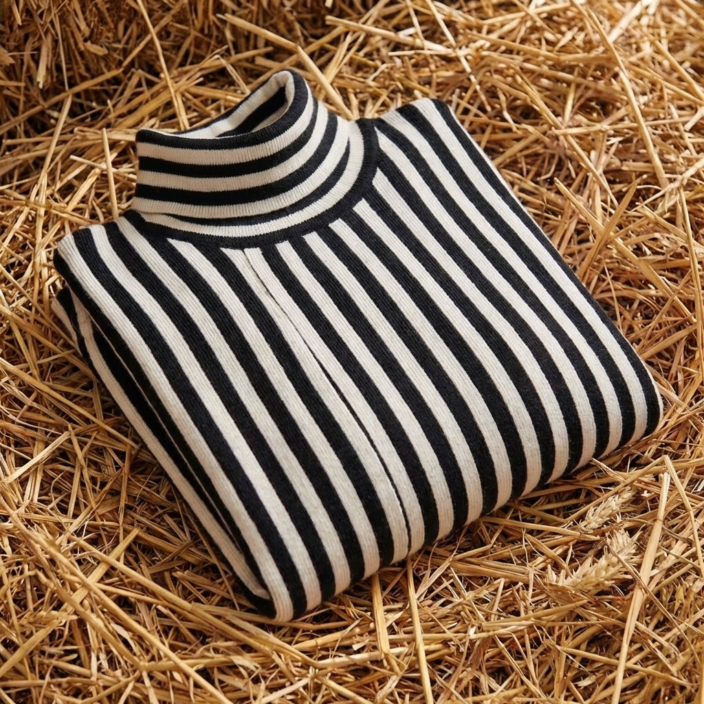 Cotton Turtleneck with Vertical Stripes Black-White