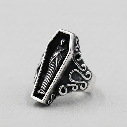 Coffin Ring with Skeleton Figure and Scroll Filigree