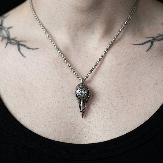 Silver Raven Bird Skull Pendant Necklace