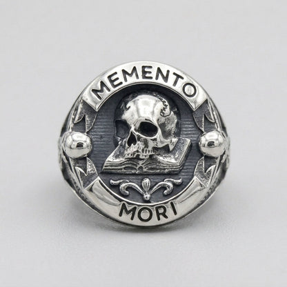 Memento Mori Skull Open Book Signet Ring